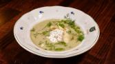 Kulajda with poached egg, mushrooms and potato chips